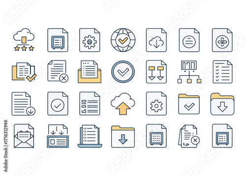 Diverse set of file management icons and data handling symbols representing digital documentation and cloud storage options