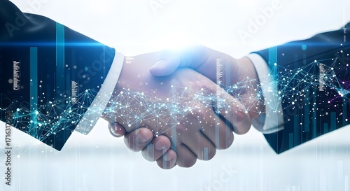 Business partnership success handshake with futuristic cityscape overlay digital concept