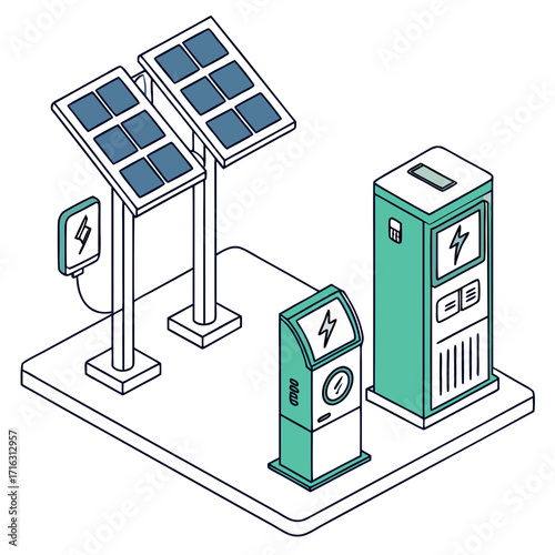 Isometric illustration of solar powered electric vehicle charging station with charging points and panels