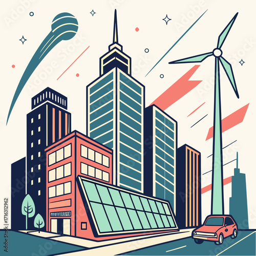 Modern city skyline with renewable energy sources and sustainable transportation in a clean environment