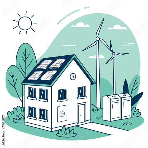 Modern house with solar panels on the roof and wind turbines generating clean renewable energy