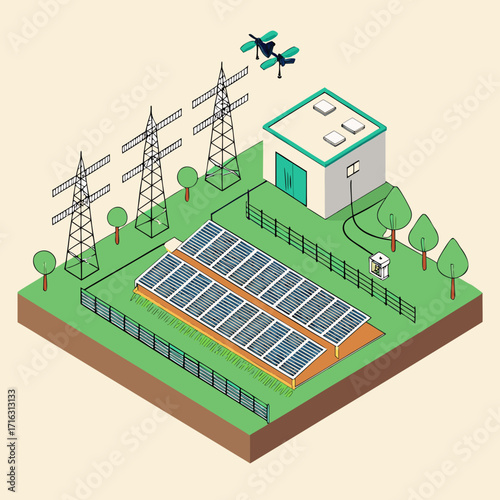 Modern renewable energy solar farm with power lines and drones monitoring the facility