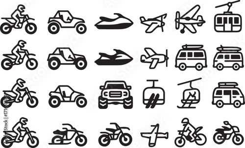 Transportation Icons Motorcycle OffRoad Vehicle Jet Ski Airplane Cable Car and Van