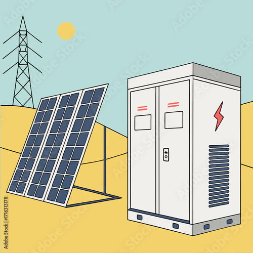 Modern solar power station with energy storage unit and transmission tower under a sunny sky