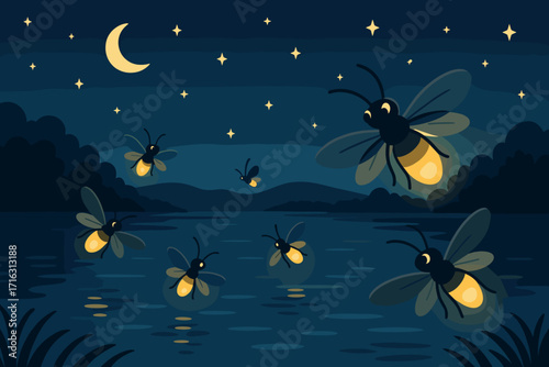Fireflies glowing over a serene lake at night with a crescent moon in a whimsical style