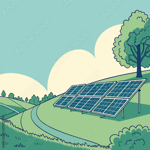 Solar panels generating clean energy on a green grassy hillside under a blue sky with clouds