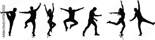 Black silhouette ice skaters performing jumps, spins, glides, elegant figure skating poses, winter sports illustration, artistic movement, athletic performance, dance expression, competition,