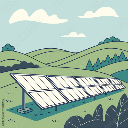 Clean energy solar panels array installed on rolling green hills under a blue sky with clouds