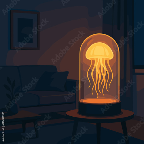 Glowing jellyfish in glass dome creating cozy atmosphere in living room