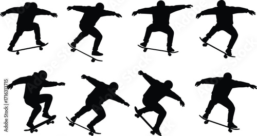 Skateboarder silhouette performing tricks, street skateboarding action, extreme sports movement, urban lifestyle illustration, skateboarding culture vector, jump flip art design