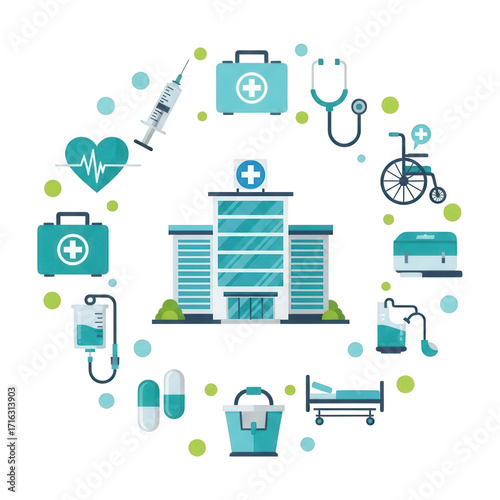 Medical hospital and healthcare icons arranged in a circle isolated on transparent background