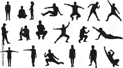 Silhouette human figures, body poses, standing, sitting, squatting, stretching, jumping, reaching, gesture collection, motion reference, exercise illustration, animation poses, fitness movement, 