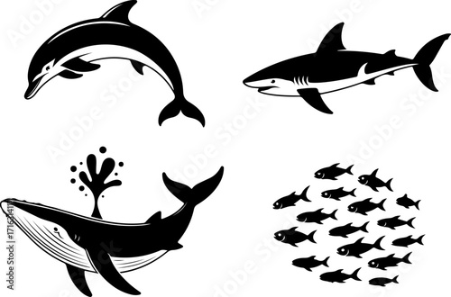 "Shark, Dolphin, and Fish Silhouette Collection"

"Ocean Life Vector Set – Marine Animal Silhouettes"

"Underwater Creatures: Shark, Dolphin & Fish Designs"