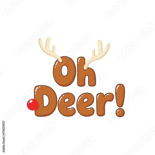 Festive "Oh Deer!" Cartoon Illustration for Christmas with Antlers and Red Nose - Perfect for Greeting Cards and Holiday Designs