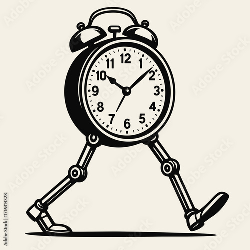 Walking alarm clock with legs in playful design for time management concept