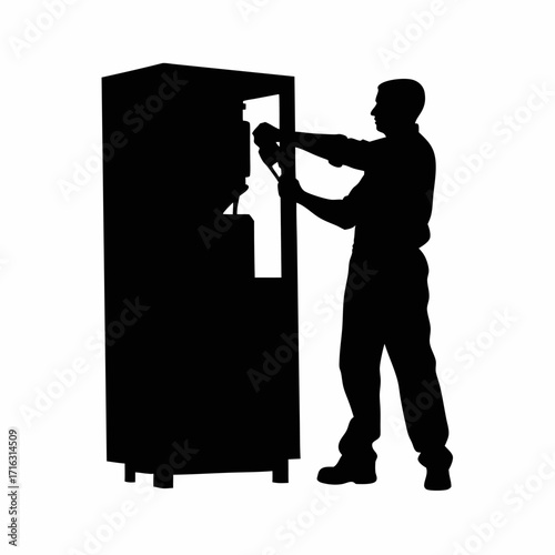 Silhouette of technician replacing mold in machine using wrench isolated on white background