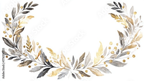 wreath. A circular wreath of watercolor leaves with gold accents, exuding artistic charm and harmony. event programs, museum guides, designed for cultural heritage projects and event programs.