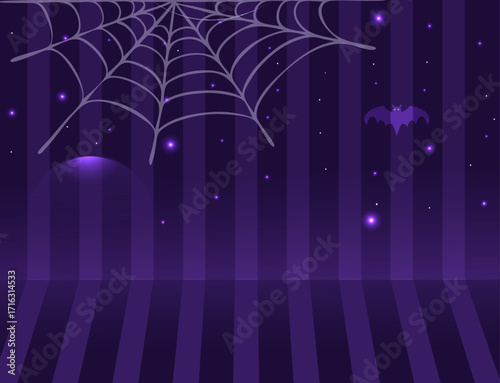 A spooky yet playful Halloween background featuring fluttering purple bats silhouetted against a dark, moody backdrop. Glowing neon balls in shades of pink float mysteriously .