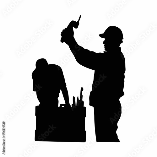 Silhouette of technician replacing ejector pins in mold isolated on white background
