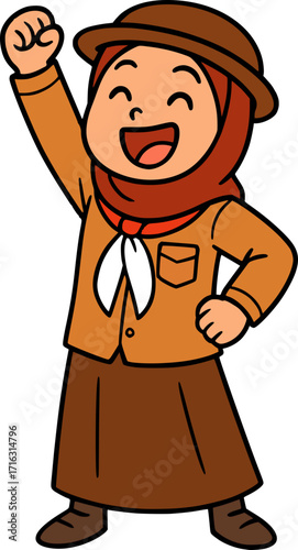 Energetic cartoon girl scout in hijab jumping mid-air with joy, playful and dynamic style