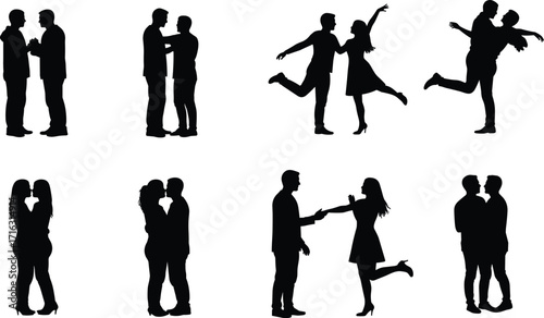 Silhouette couples dancing, romantic embrace, love relationship poses, man lifting woman, celebration joy, partner connection, black figures, white background,