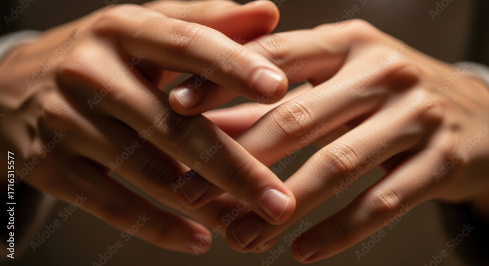 Fototapeta premium Close Up of Intertwined Human Hands with Soft Lighting Emphasizing Texture and Detail in a Neutral Toned Setting Evoking a Sense of Connection and Thoughtfulness