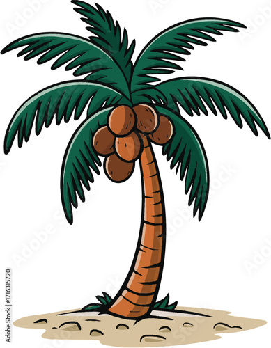 Cartoon Coconut Palm Tree on Sandy Ground

