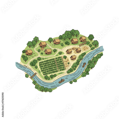 Ecotourism map vector with clean, modern lines. Top-down view of a hiking trail, bamboo houses, and a forest. High-quality and scalable for any project.