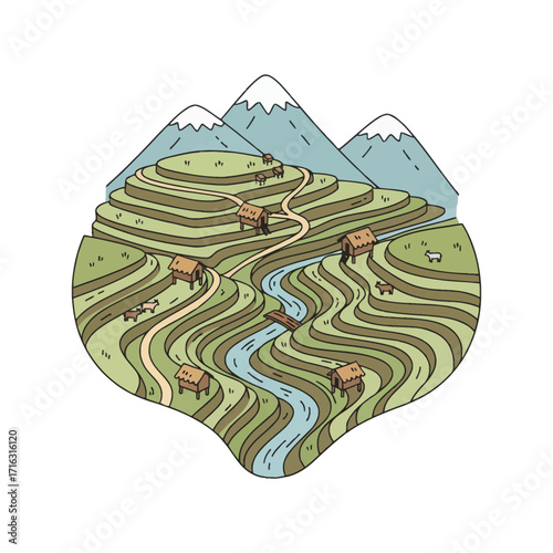 High-quality flat vector map of a rural village. Showcases traditional stilt houses and terraced rice paddies in a clean, contemporary sketch art style.