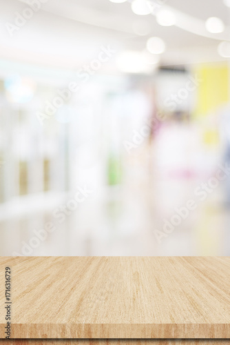 Table and blur background, Wooden counter over blur bokeh light background, Brown wood table top, shelf for food and retail shop, store product display backdrop, banner, mockup, template , vertical