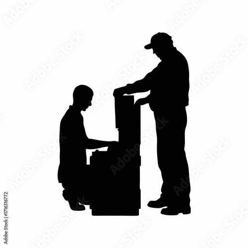 Technician training new worker on injection molding machine silhouette isolated on white background