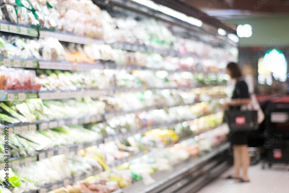Fototapeta premium Blurred background, Blur people shopping at product shelf in grocery, supermarket background, business banner, poster, wallpaper