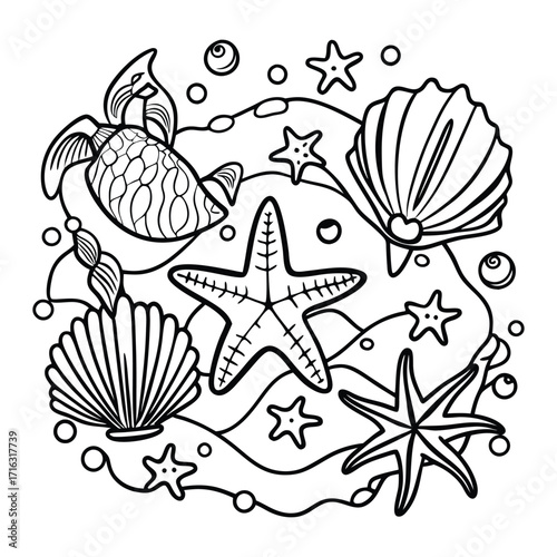 Oceana kids line art t shirt design silhouette and vector, detailed illustration perfect for relaxation and stress relief, ideal for coloring books or printable art therapy.