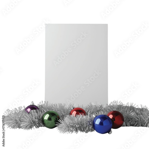 White Card Surrounded by Silver Tinsel and Colorful Christmas Ornaments