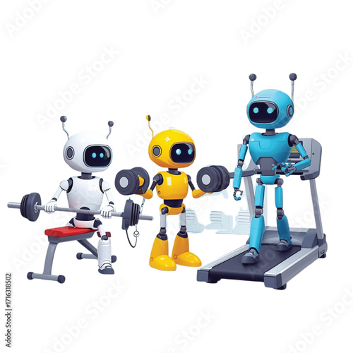Three robots exercising with weights and treadmill