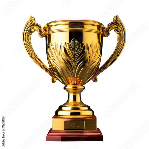 First place gold trophy cup isolated on free PNG background. Illustration.