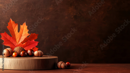 Tiered podium with scattered acorns and fall leaves, warm ambient lighting creating a cozy Thanksgiving atmosphere