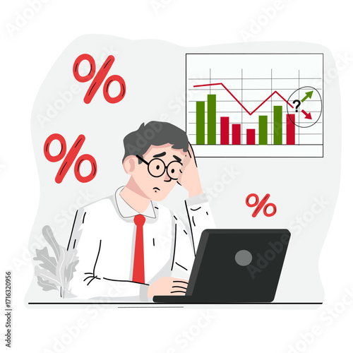 Vector illustration of businessman stressed over interest rates, global currencies, and economic uncertainty. Perfect for finance, investment, economy, and bankin ,Economiswith Interest Rate Chart