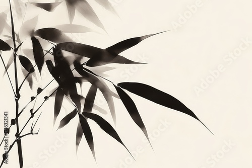 Silhouette of bamboo leaves against a light background in monochrome tones