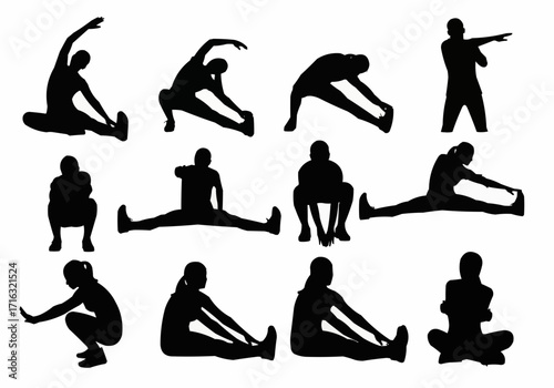Silhouette of people performing yoga and meditation poses collection representing relaxation, mindfulness, exercise, and physical wellness