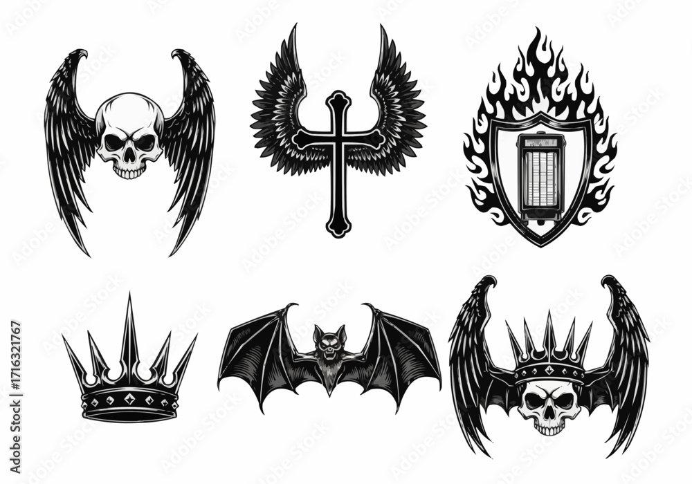 Fototapeta premium Gothic skull emblem set featuring wings, shields, and crowns in dark monochrome vector design for tattoo and fantasy art themes