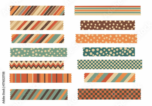 Decorative washi tape set with geometric patterns, stripes, and polka dots in earthy tones for scrapbooking, planner, and craft design resources