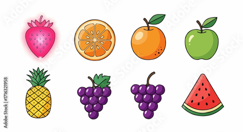 Colorful fruit icon collection including pineapple, strawberry, orange, apple, grape, and watermelon for food design and healthy lifestyle concepts