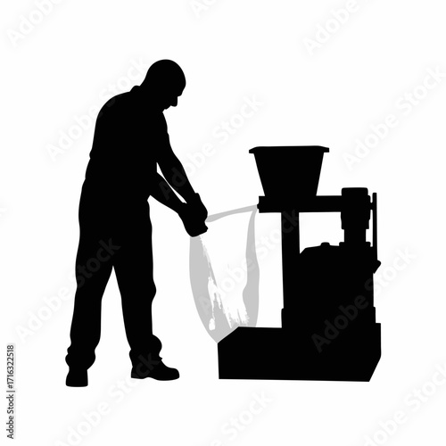 Silhouette of worker removing plastic part from machine isolated on white background