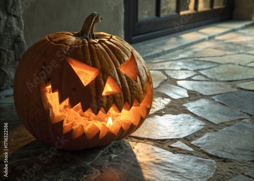 Illuminated jackolantern with a scary face on a stone floor indoors