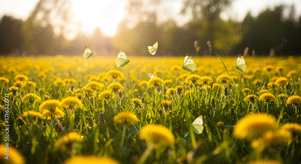 Fototapeta premium Sunlit field of dandelions with glowing seed heads and warm backlight, close low-angle meadow scene in golden hour