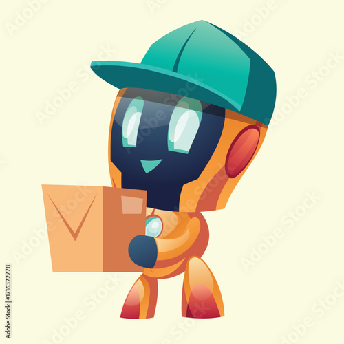 Delivery robot with post cardboard box vector illustration