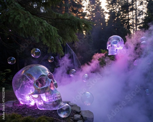 Crystal skulls with bubbles and purple smoke in a dark forest