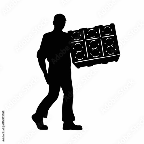Silhouette of worker carrying box filled with molded plastic products isolated on white background