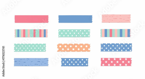 Collection of pastel adhesive tape strips in different patterns and soft colors for journaling, scrapbooking, and decorative design.